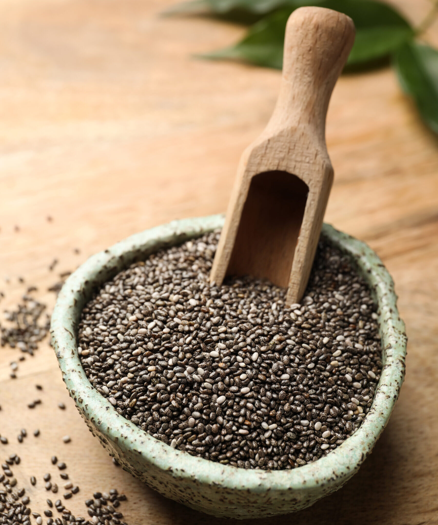 Bowl with chia seeds and scoop on wooden table